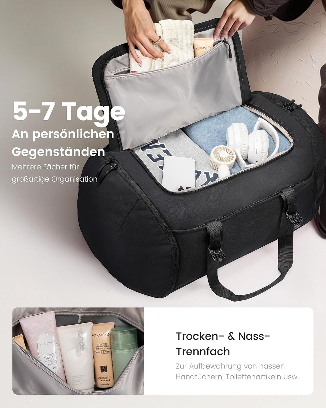LOVEVOOK Reisetasche Sporttasche Rucksack Gross, 65L Handgepäck Rucksack mit Schuhfach Nassfach, Rei