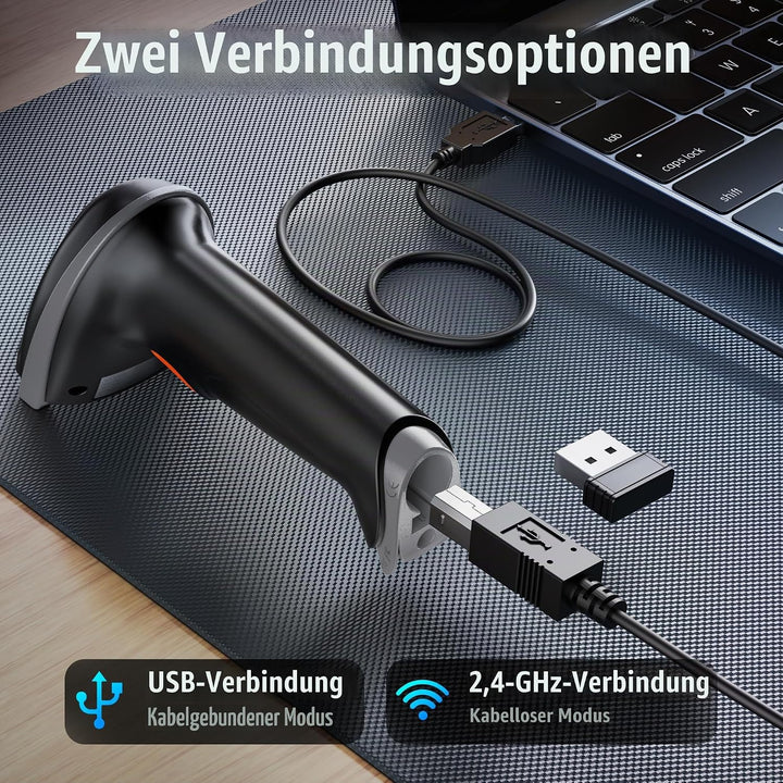 Tera Kabelloser Barcodescanner Handheld 1D Laser Wireless und USB Wired mit Akkustandsanzeige, Extra