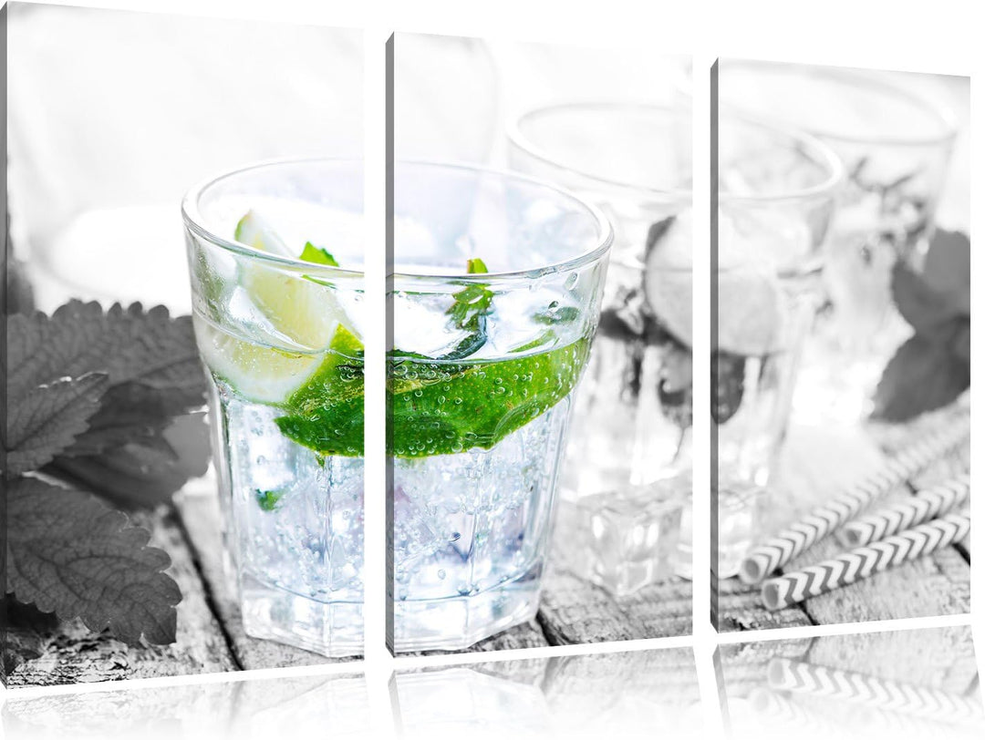 Pixxprint Mojito-Gläser mit Minze B&W Detail 3-Teiler Leinwandbild 120x80 Bild auf Leinwand