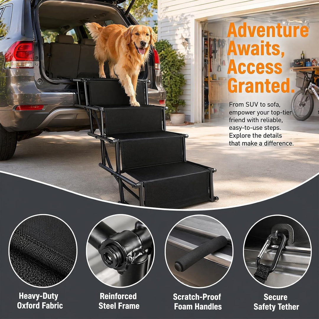 Hundetreppe Auto Klappbar, Hunderampe 4 Stufen für Auto, SUV &amp; Hohe Betten | Leichte Design bis 80 k