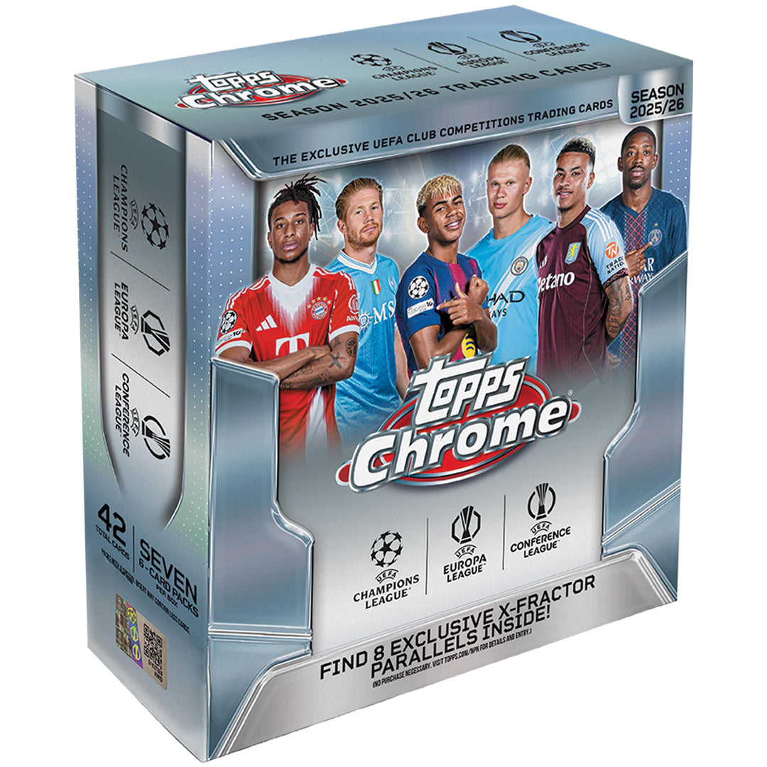 2025-26 Topps Chrom UEFA Club-Wettbewerbe Fussball – Fabrikversiegelt – Mega-Box