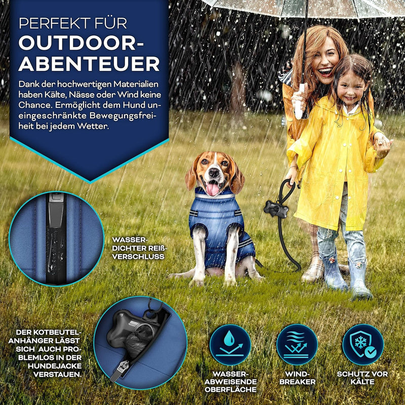 TRESKO® Hundejacke Winter mit Reflektoren inkl. 15 Stück Kotbeutel + Spender | Hunderegenmantel wass