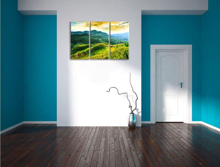 Pixxprint Reisfelder in Vietnam als Leinwandbild | Grösse: 3 Teilig (120x80) | Wandbild| Kunstdruck