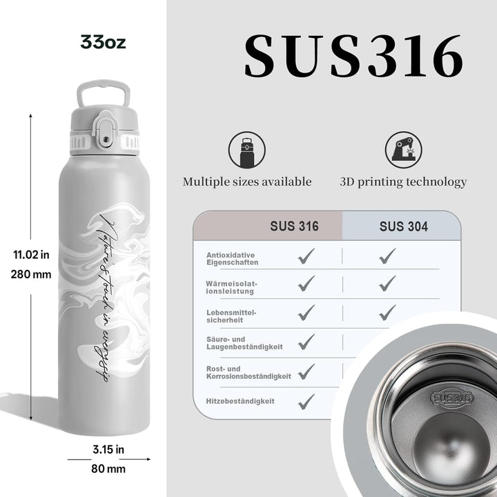 UZSPACE Edelstahl Trinkflasche 1l (970ml), Isolierte Thermosflasche mit 1-Klick-Öffnung, 100% Auslau