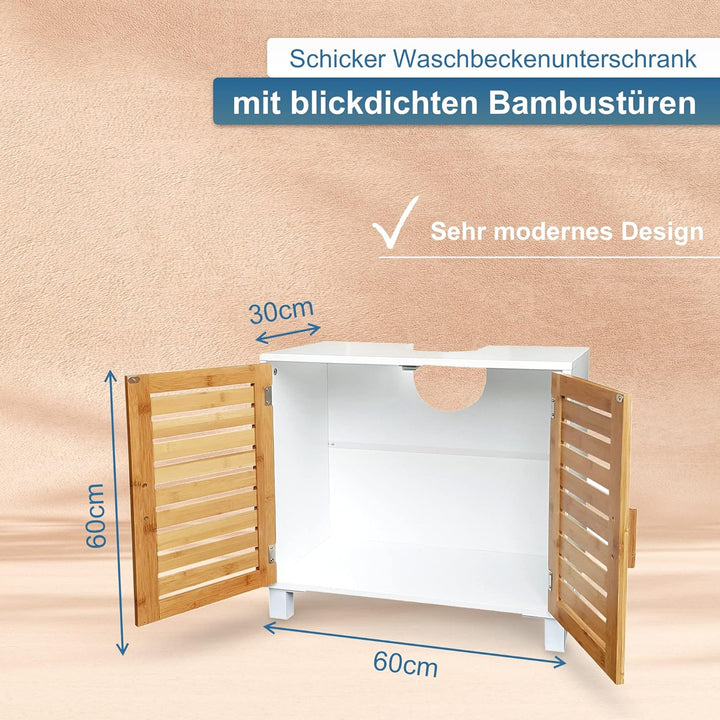 osoltus Bad Waschbecken Unterschrank Kopenhagen Bambus Holz Weiss - Unterschrank für Badezimmer - 60