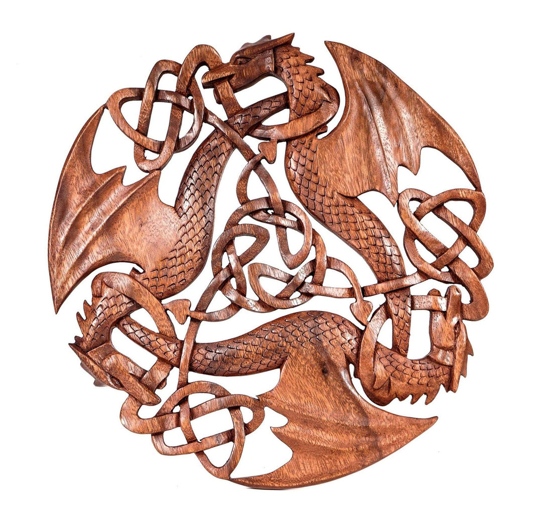 Windalf Celtic Wandbild Holzornament ACAR Ø 30 cm DREI keltische Drachen Wandrelief Handarbeit aus H