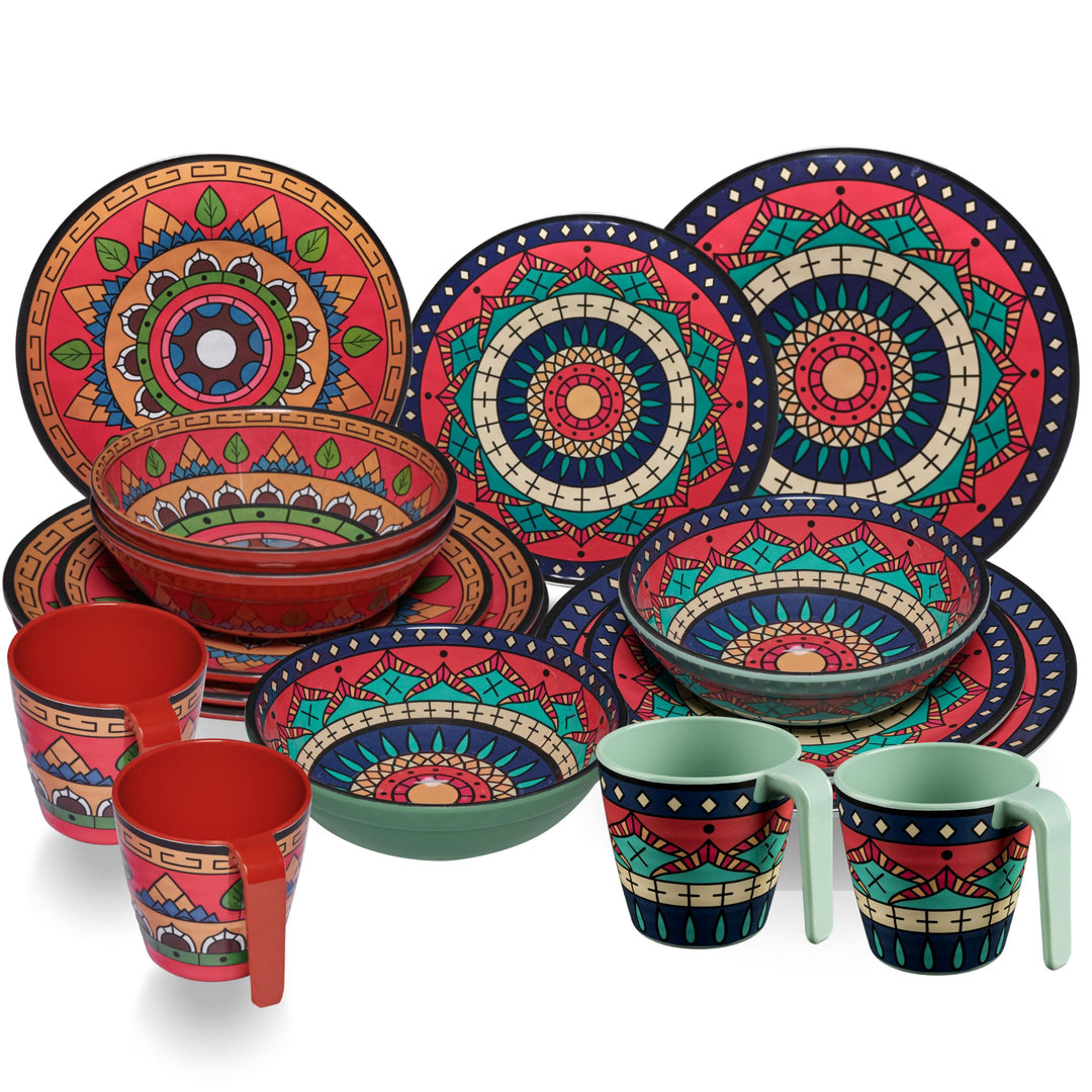 Melamin Geschirr Set Toskana Deep für 4 Personen - Rot-Grün - Mandala-Optik Spülmaschinengeeignet Es