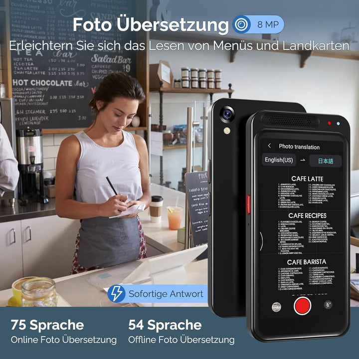 Sprachübersetzer Gerät,Zwei-Wege-Smart-Sprach Übersetzer Foto Taschenübersetzer in Echtzeit,150 unte