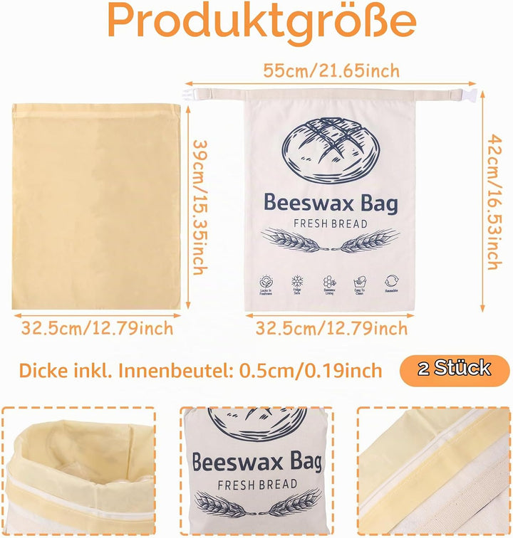 2 Stück Bienenwachs Brotbeutel 43×33cm Leinen Brottüten Beeswax Bread Bag Bio Wiederverwendbare mit