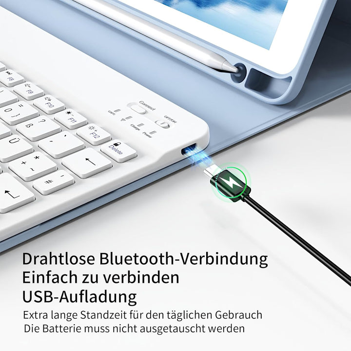 Hülle mit Tastatur für iPad 9./8./7. Generation 10,2 Zoll 2021/2020/2019, Abnehmbare kabellose Keybo