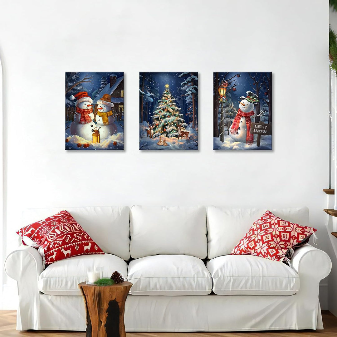 3Pcs Leinwandbilder Bilder mit Rahmen Blau Weihnachten Schnee Schauplatz bild auf leinwand Schneeman