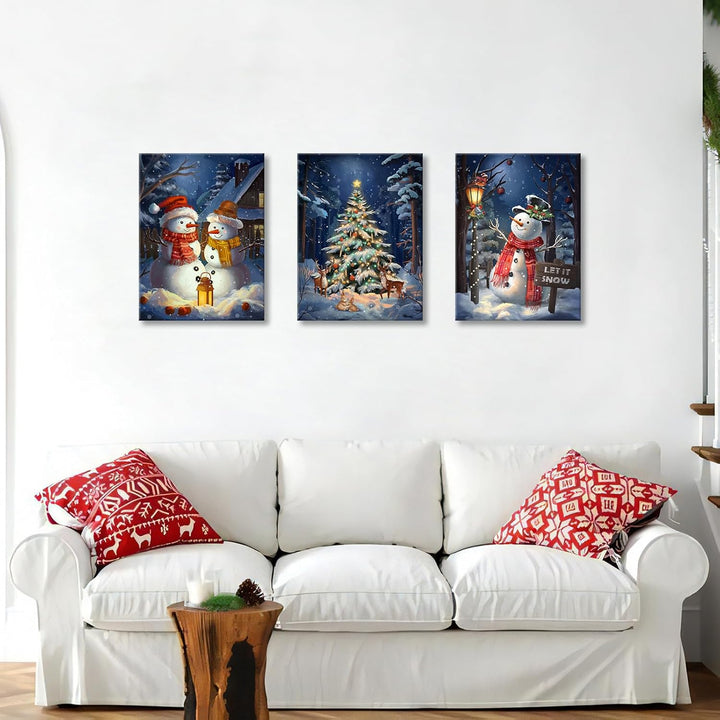 3Pcs Leinwandbilder Bilder mit Rahmen Blau Weihnachten Schnee Schauplatz bild auf leinwand Schneeman
