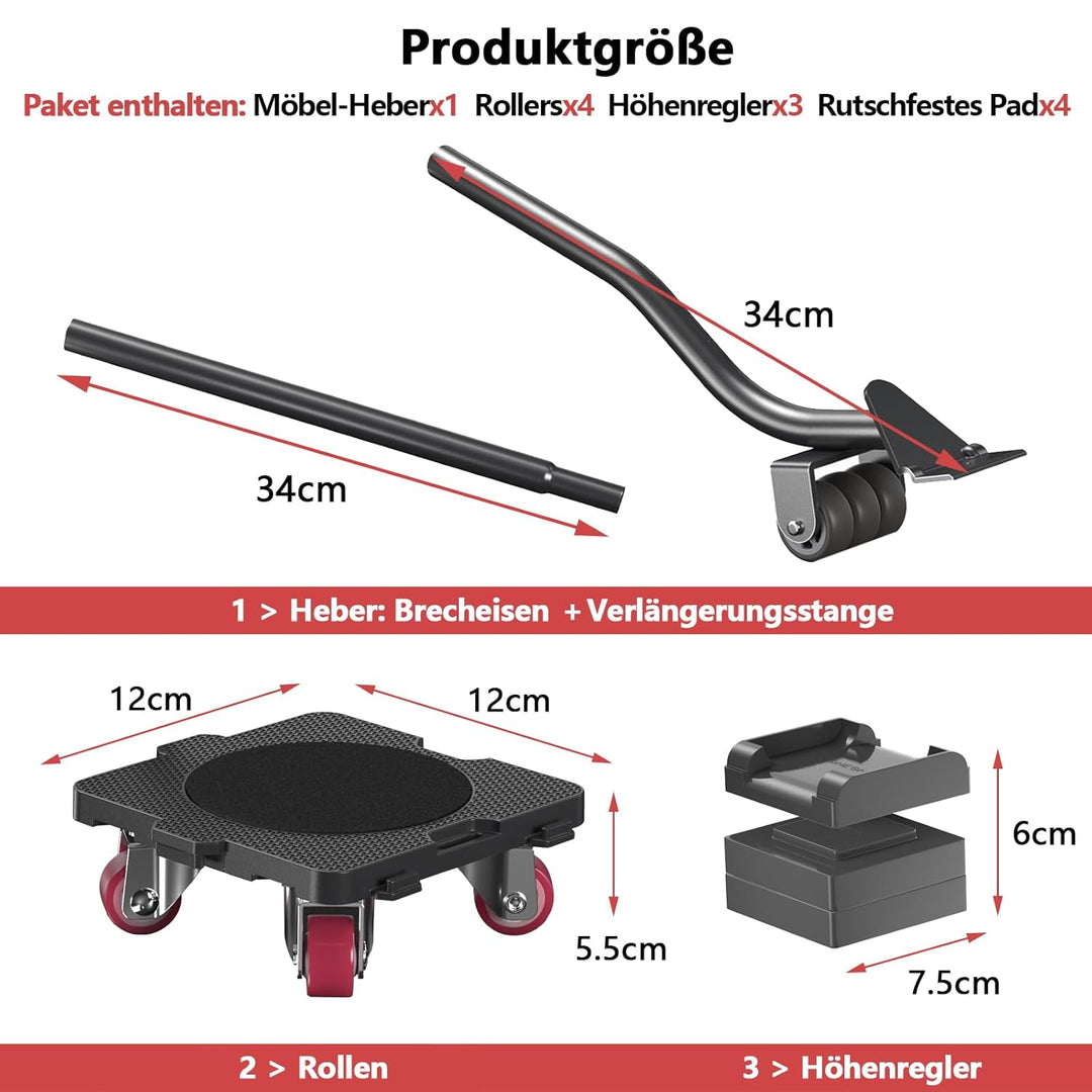 ONEON Möbel Transportroller Set, Stück Möbel Gleitsystem mit Möbelheber, Möbeltransport Set mit Möbe