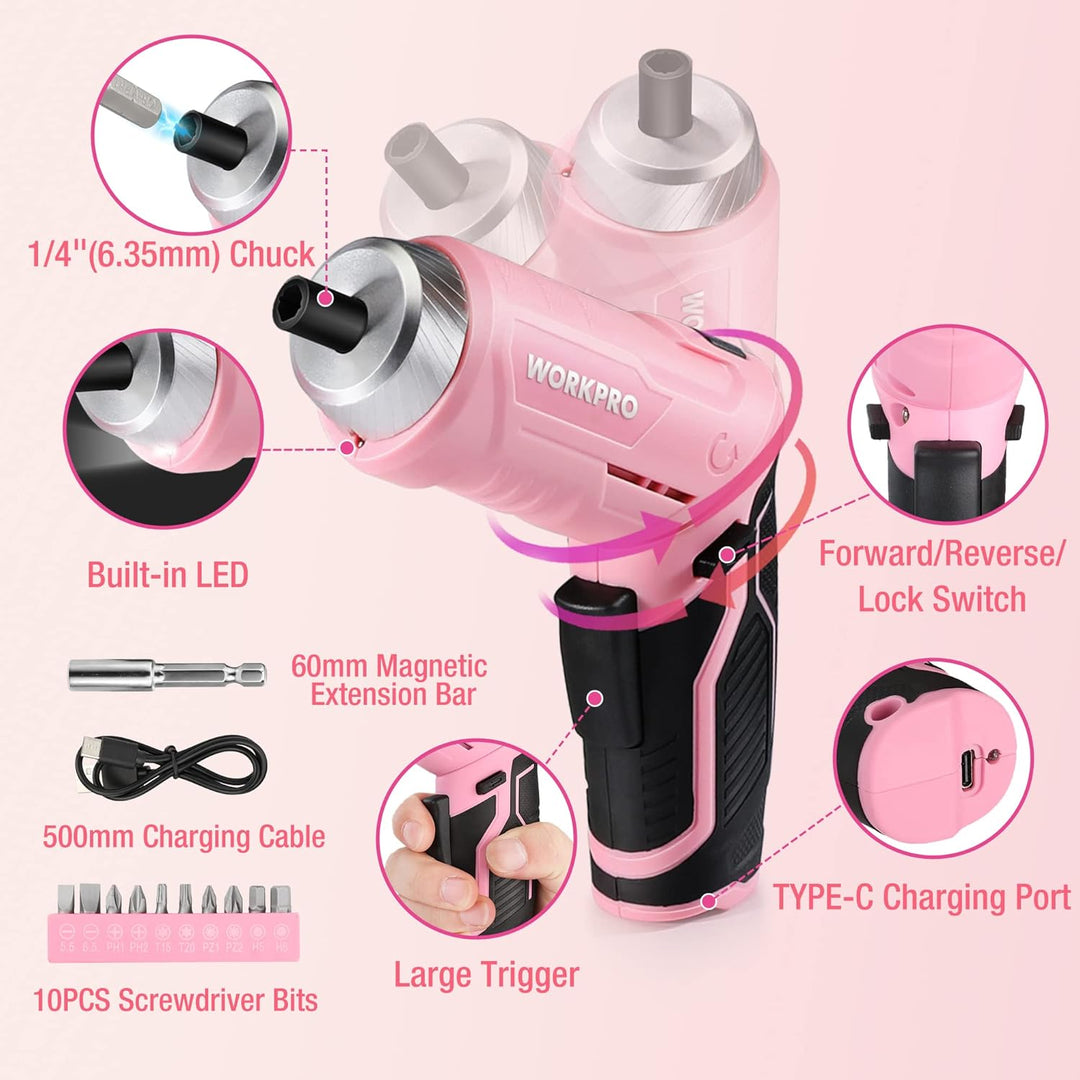 WORKPRO Werkzeugset Rosa pink 18 tlg. mit USB C Akkuschrauber klein, pinker Werkzeugkoffer gefüllt H