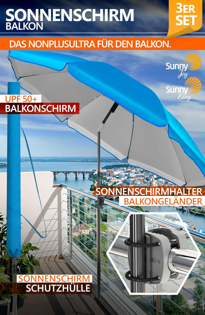 4smile Sonnenschirm Balkon SunnyJoy Ø 180 cm, 3-IN-1 Set - UPF 50+ Balkon Schirm + Sonnenschirmhalte