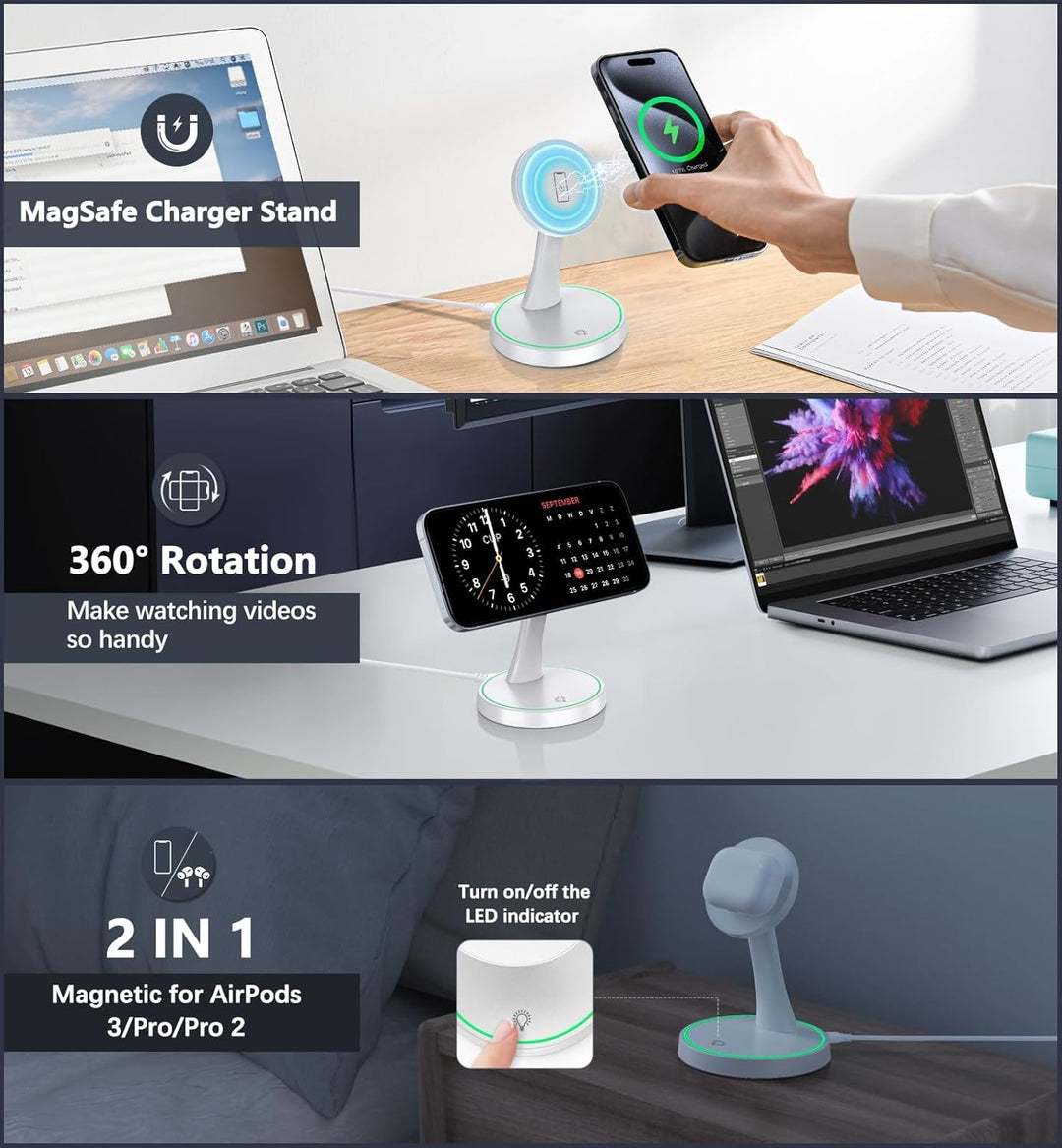 Induktive Ladestation Kompatibel mit Mag Safe Ladegerät,OANDYS 2 in 1 15W Schnelles iPhone Ladestati