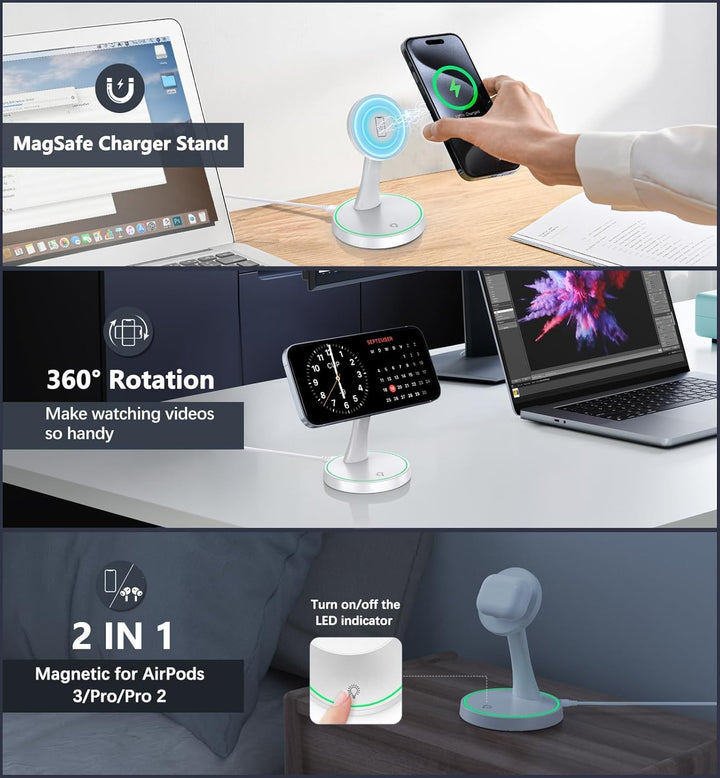 Induktive Ladestation Kompatibel mit Mag Safe Ladegerät,OANDYS 2 in 1 15W Schnelles iPhone Ladestati
