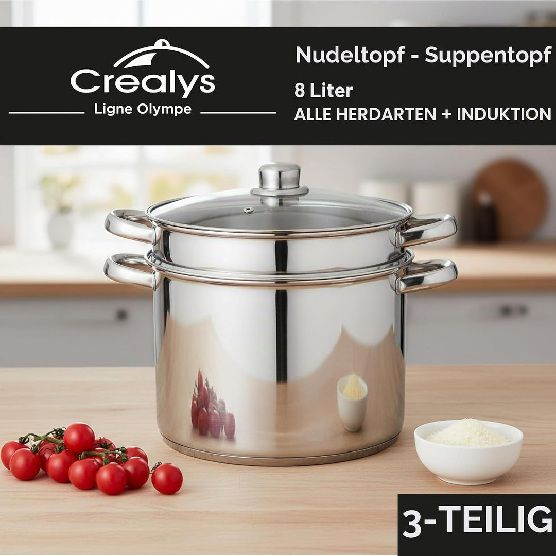 Crealys 504626 Pastatopf mit Glasdeckel, 8 l, 24 cm