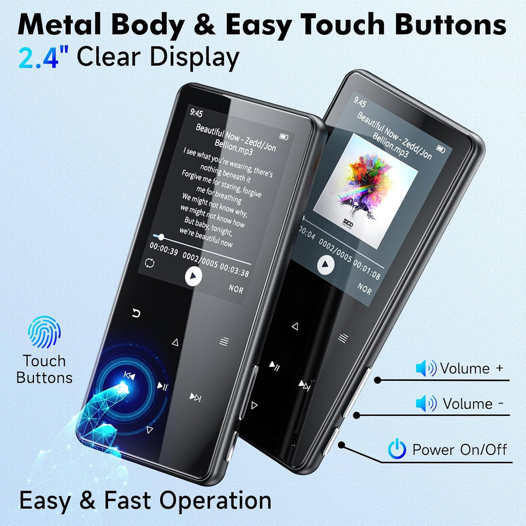 MP3 Player mit Bluetooth 5.3, 64GB und 2,4" Display – Mit Touch-Tasten, Lautsprecher, Metallgehäuse,