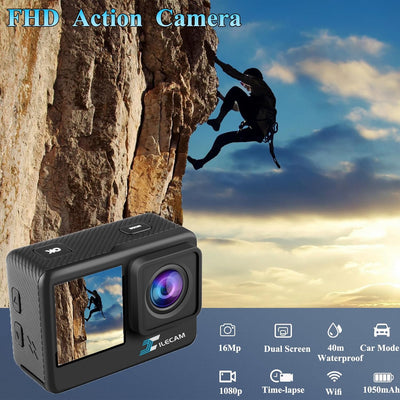 Xilecam Dual Screen Action Cam 1080P /WiFi wasserdichte Kamera, 4 x Zoom, 131 Fuss (40 m), wasserdic