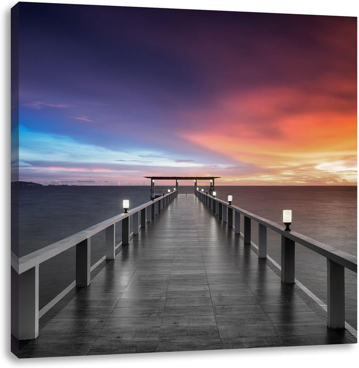 Pixxprint Moderner Holzsteg ins Meer Schwarz/Weiss, Format: 70x70 auf Leinwand, 70x70