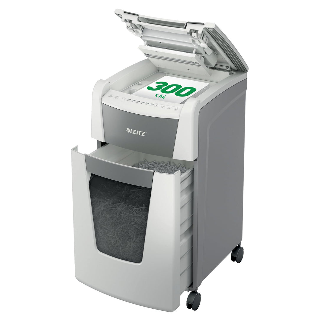 Leitz IQ Autofeed Office Partikelschnitt Aktenvernichter P4, 300 Blatt, 60l-Abfallbehälter, Weiss, 8