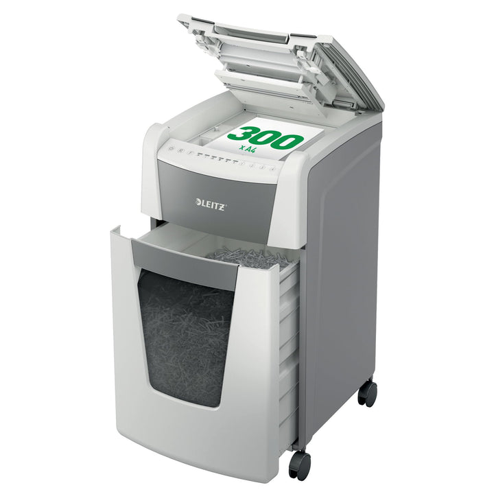 Leitz IQ Autofeed Office Partikelschnitt Aktenvernichter P4, 300 Blatt, 60l-Abfallbehälter, Weiss, 8