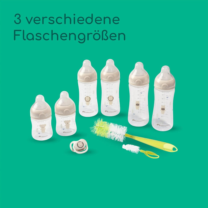 Bebeconfort Physio Air komplettes Flaschenset, Babyflaschen, 0+ Monate, mit 6 Babyflaschen, einem Sc