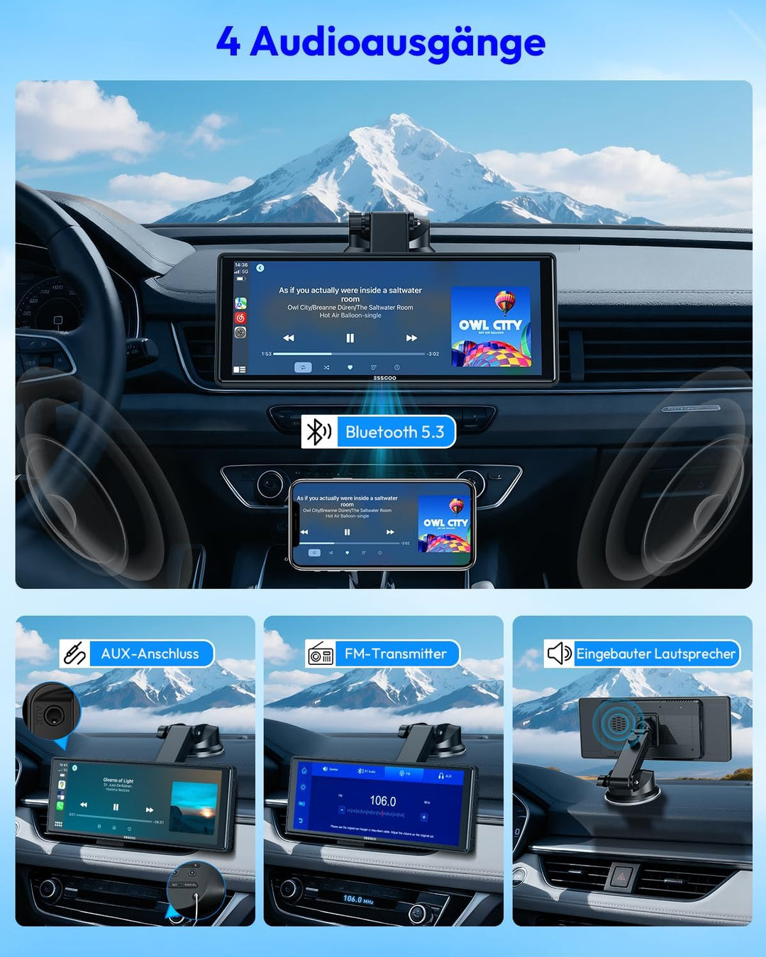 ESSGOO Carplay Android Auto Display,10.26 Zoll Apple Carplay Bildschirm für AirPlay/Mirror Link,Car