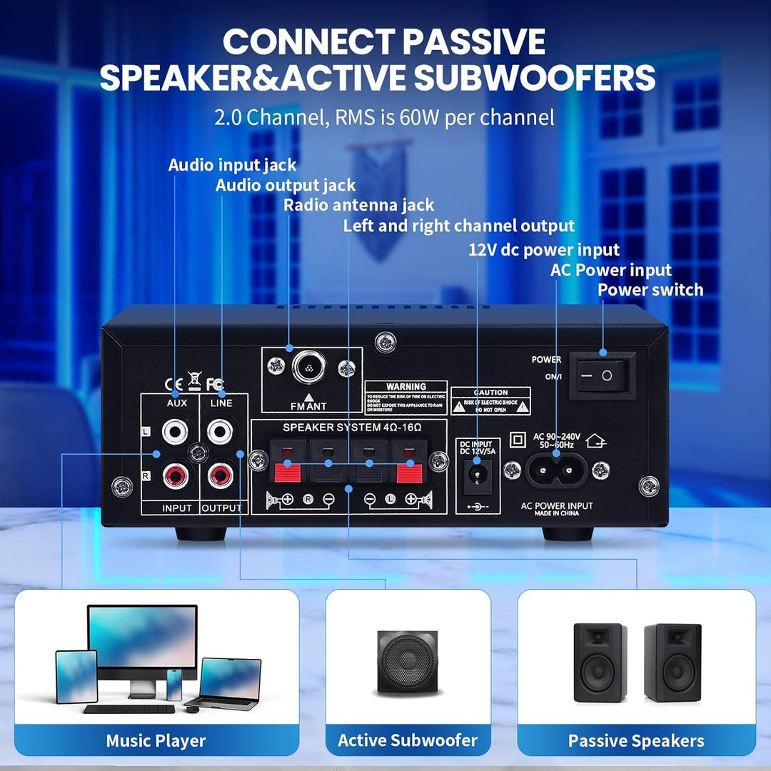 AK50 HiFi-Verstärker mit Bluetooth RMS 60WX2 Stereo Audio Verstärker Empfänger 2.0 Kanal Max 400W Au