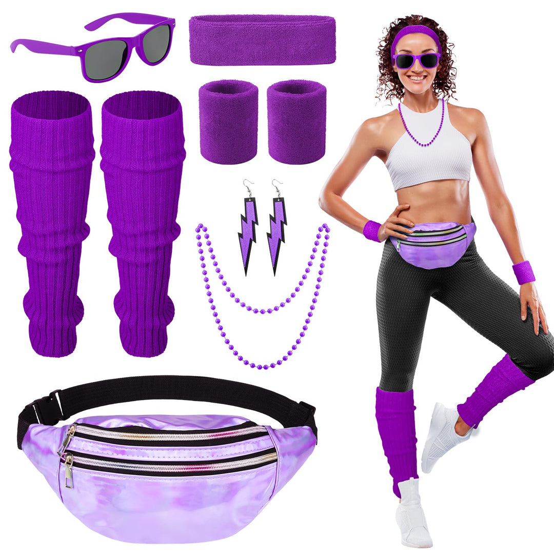 80er Jahre Outfit Damen, 90er Jahre Kostüm Kleidung Accessoires mit Bauchtasche, Stirnband, Beinwärm