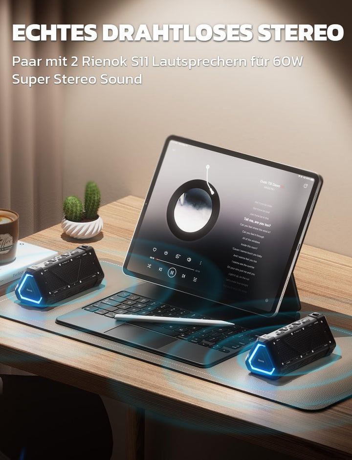 RIENOK S11 Bluetooth Lautsprecher 30W Musikbox mit EQ Modus USB-Audio IPX7 Bluetooth Box 24h Akku Tr