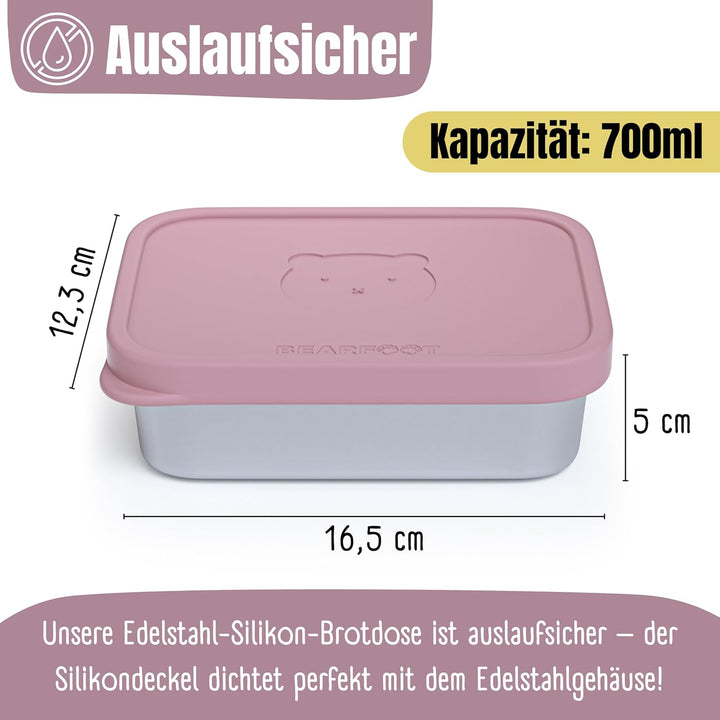 BEARFOOT Edelstahl Brotdose Kinder mit Silikondeckel (Rosa, 700 ml) | BPA-frei, auslaufsicher, Brotz