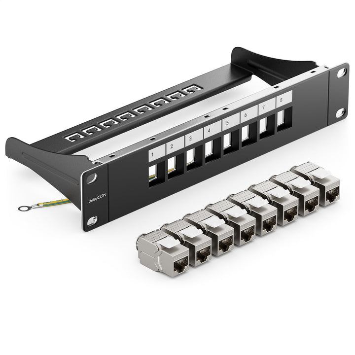 deleyCON 8 Port Patchpanel Set Patchfeld CAT6a 1 HE 10 Zoll - Schwarz | Modularer Rackeinbau mit 8x