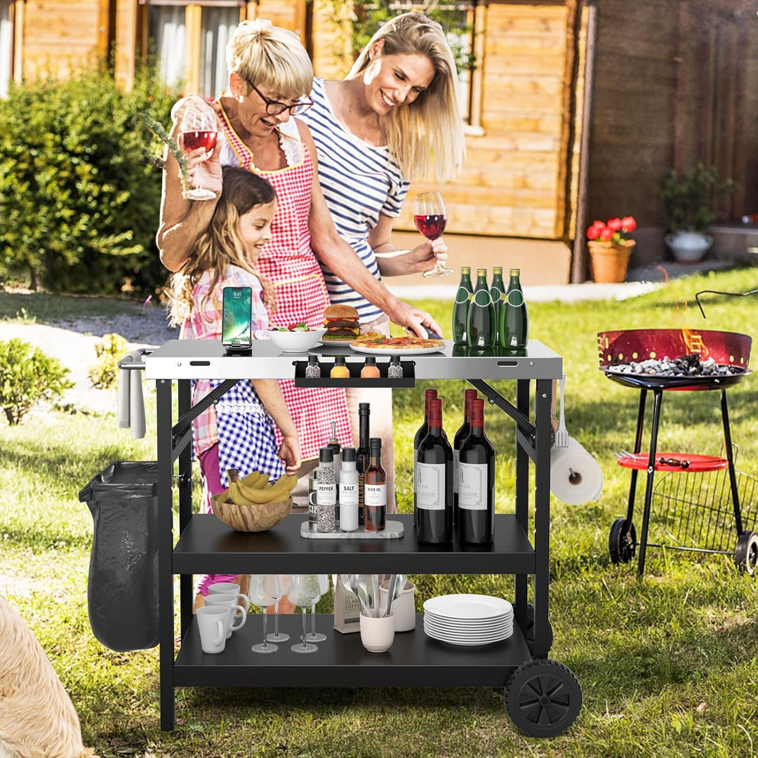 GYMAX 3-Ebenen Grilltisch klappbar, Servierwagen für die Zubereitung von Speisen, BBQ Werktisch mit