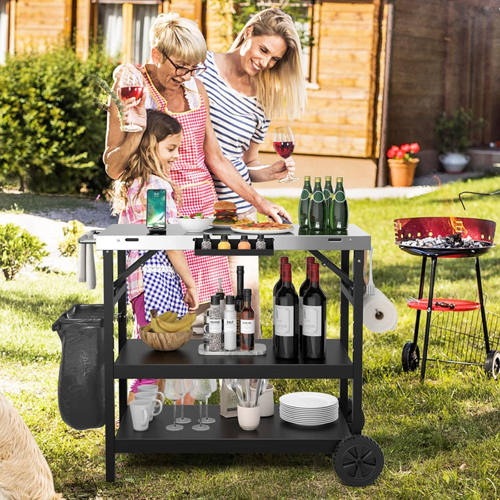 GYMAX 3-Ebenen Grilltisch klappbar, Servierwagen für die Zubereitung von Speisen, BBQ Werktisch mit