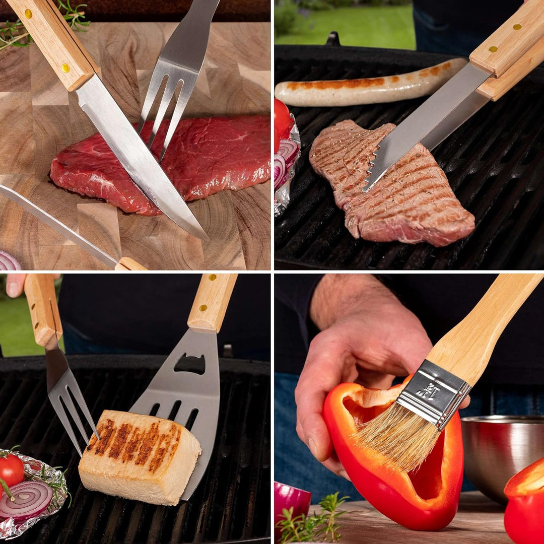 Grillbesteck Set (5-teilig): Grillset mit Grillzange, Fleischgabel, Grillmesser, Pinsel und Grillwen