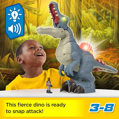 Imaginext Jurassic World Spielzeug-Dinosaurier, Ultra Snap Spinosaurus mit Licht, Geräuschen und Sch