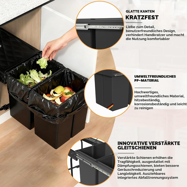 Huracan Mülleimer Küche Unterschrank Ausziehbar 40L, Mülleimer 3 Fächer, Mülltrennsystem Küche, Einb