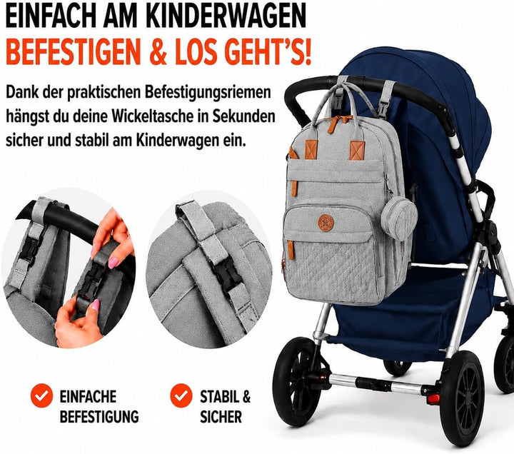 Wickeltasche Baby Wickelrucksack mit Wickelunterlage &amp; Kinderwagenbefestigung, grosser wasserabweise