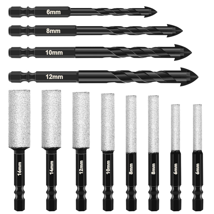 12 Stück Fliesenbohrer Glasbohrer Set, 8Pcs Diamantbohrer 6/8/10/12/14/16mm und 4Pcs Fliesenbohrer S