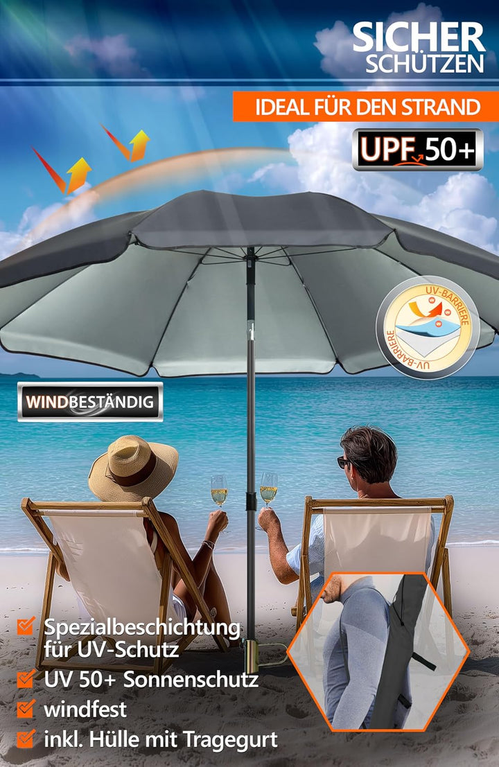 4smile Sonnenschirm Strand Ø 200 cm, 3-in-1 SET mit Rasendorn, Anthrazit | Strandschirm windfest sta