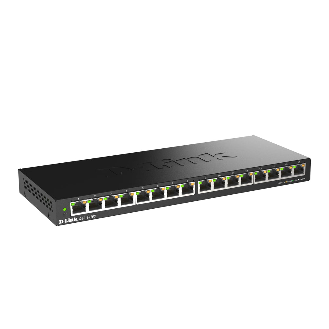 D-Link DGS-1016S 16-Port Unmanaged Gigabit Switch (ohne Lüfter, Low Profile Metallgehäuse, Desktop /