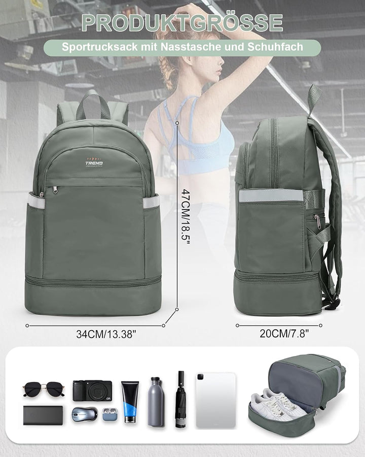 suradar Sportrucksack Damen Grosser Reiserucksack mit Schuhfach und Nasstasche für Damen Herren Lapt