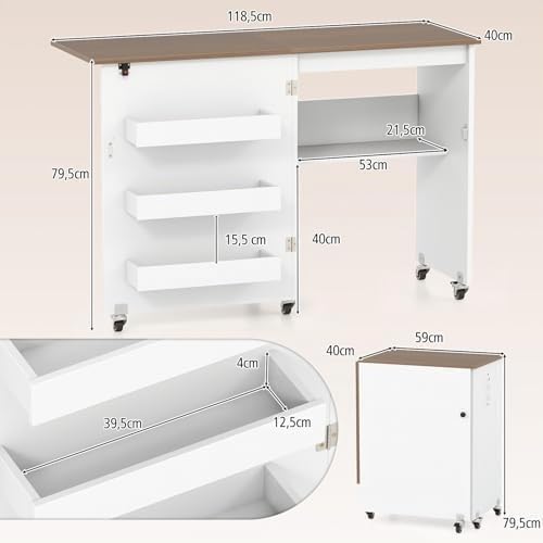 GIANTEX Nähtisch klappbar, Nähmaschinentisch auf Rollen, Nähtisch für Nähmaschine, Nähschrank Holz,
