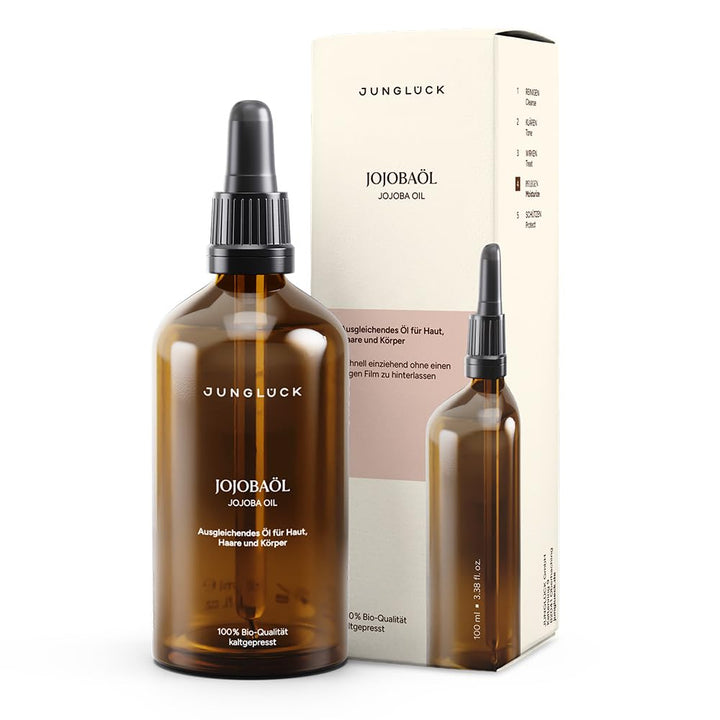 JUNGLÜCK Jojobaöl BIO 100ml - Vegan | 100% Rein, Natürlich und Kaltgepresst Bio-Jojoba-Öl - Nährende