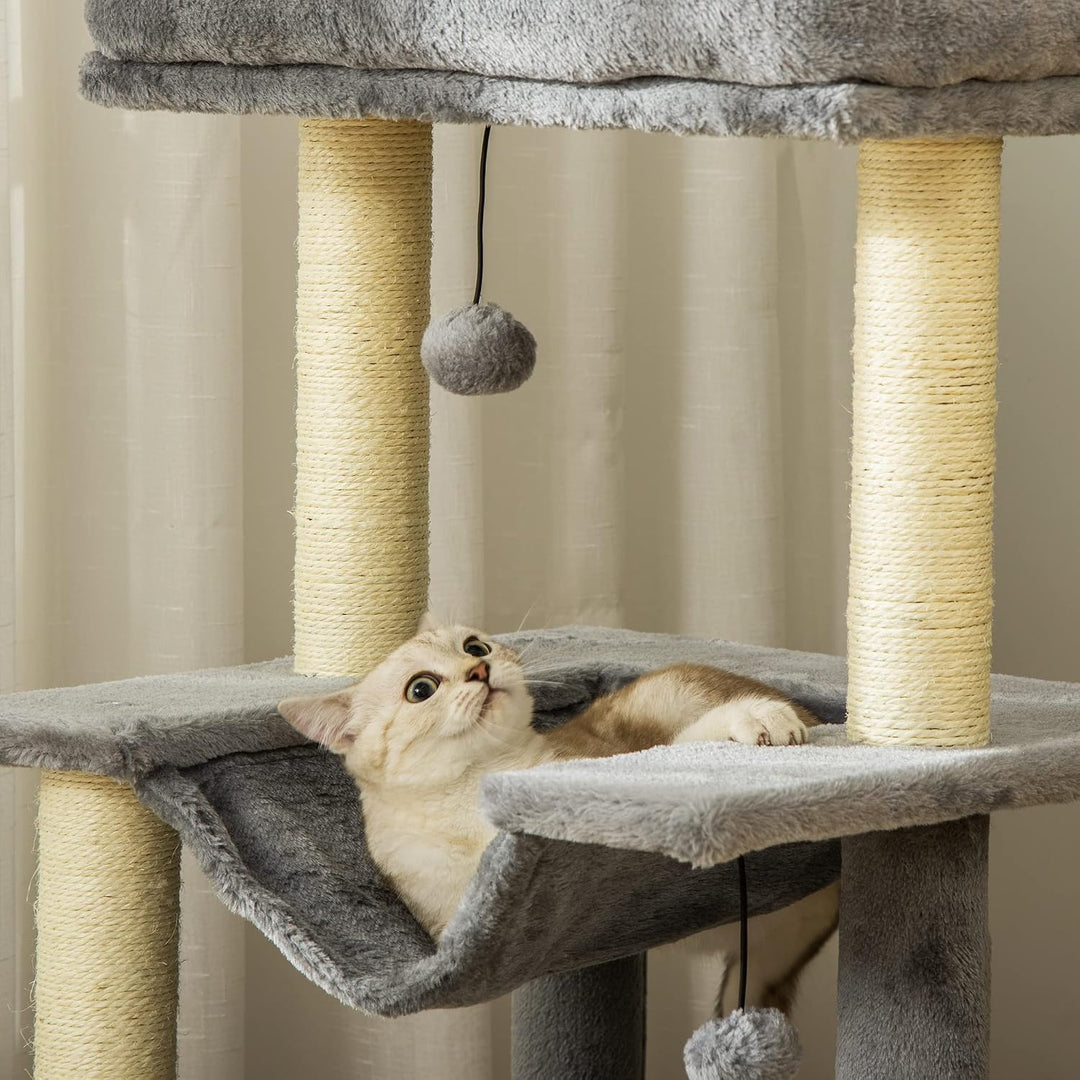 PawHut Kratzbaum 90 cm mit Hängematte für Katzen unter 4 kg Grau | Katzenturm, Höhle, 2 Plüschballen