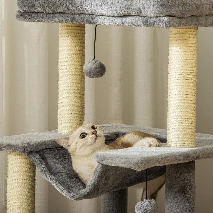 PawHut Kratzbaum 90 cm mit Hängematte für Katzen unter 4 kg Grau | Katzenturm, Höhle, 2 Plüschballen