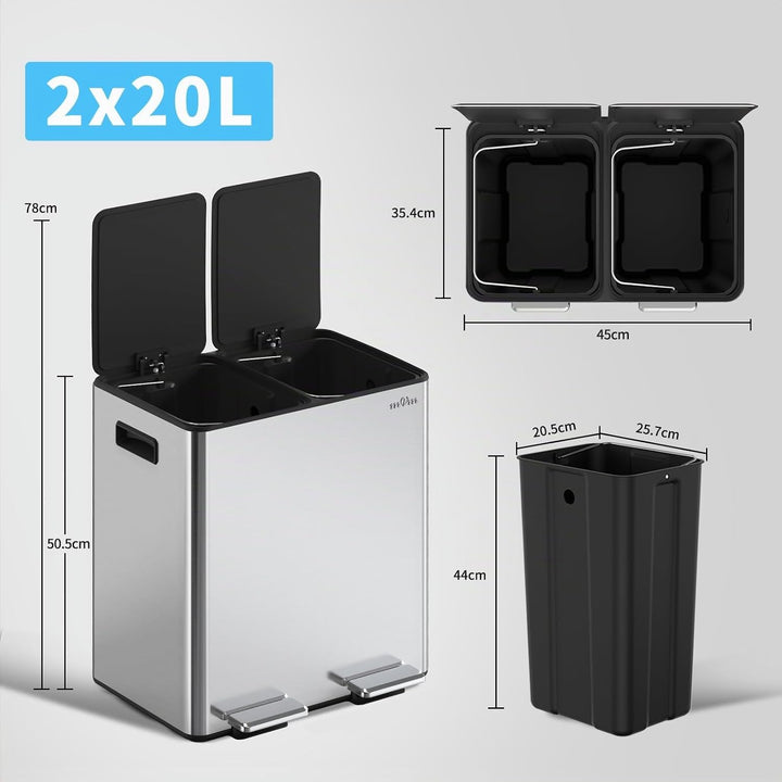mVm Mülleimer Küche,40 Liter Treteimer,2 x 20 Liter Treteimer, 2 Fächer, Mülltrennsystem, Abfalleime