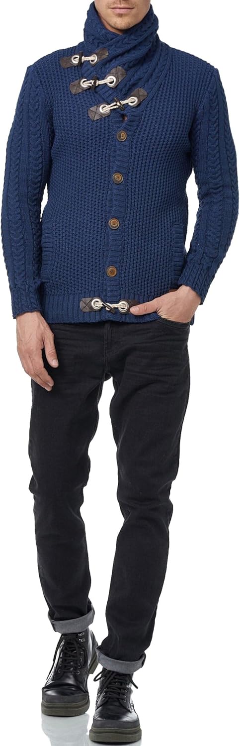 Subliminal Mode Herren Pullover aus grobem Strick mit Schalkragen BX292 L 418 Blau, L 418 Blau